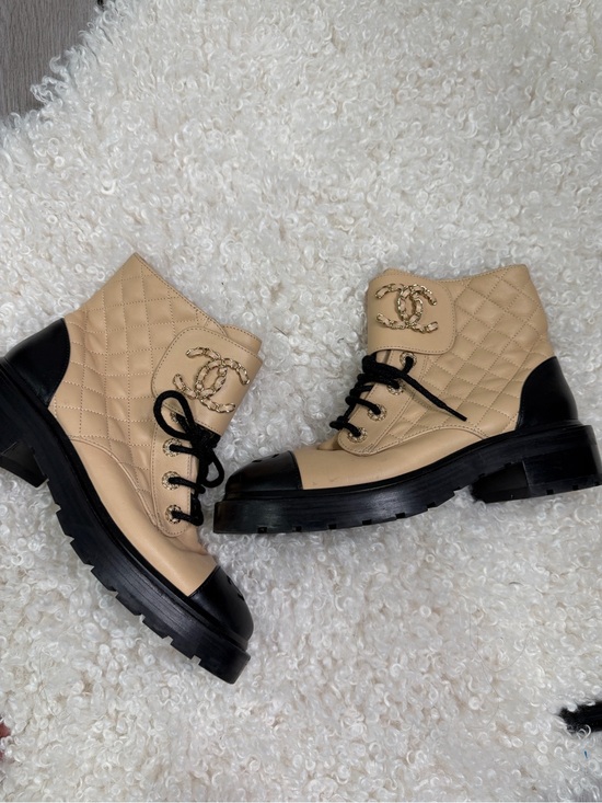 CHANEL Shoes - CHANEL Beige and Black Quilted Lace-Up Combat Boots